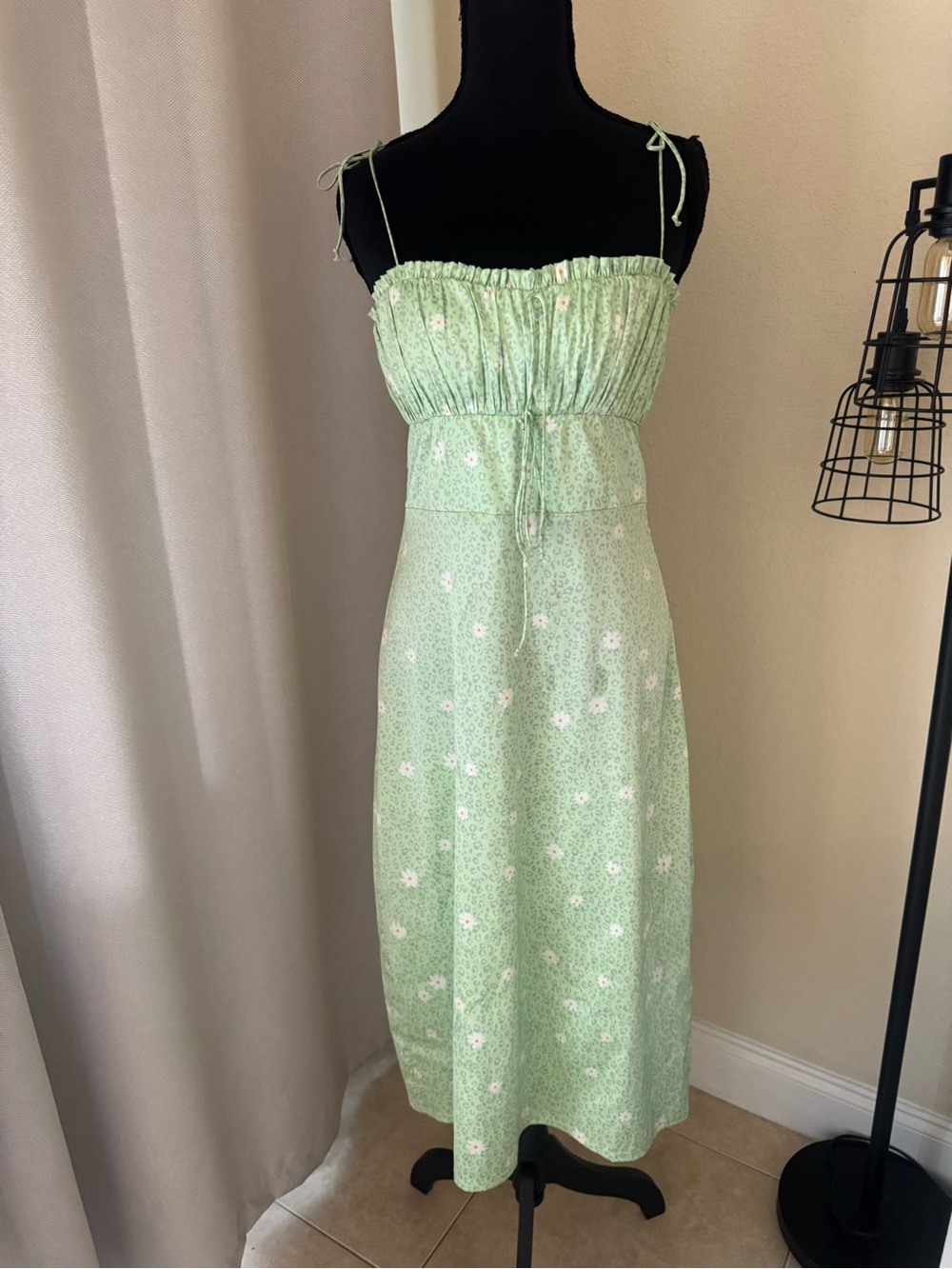 For Love & Lemons Robin Cheetah Midi Dress Green Floral Tie Strap Size S - Picture 2 of 10